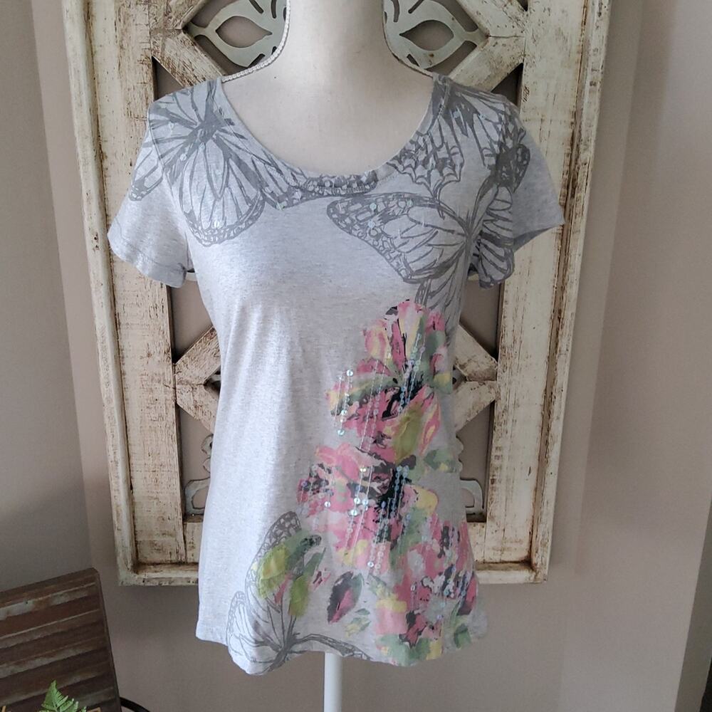 Style & Co Women's Short Sleeve Floral Graphic T-Shirt Tee Top Gray Pink Sequins